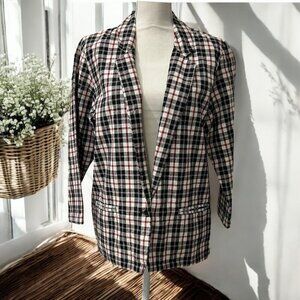Vintage Red Rover Plaid Oversized Ramie Cotton Blazer Jacket Size Small